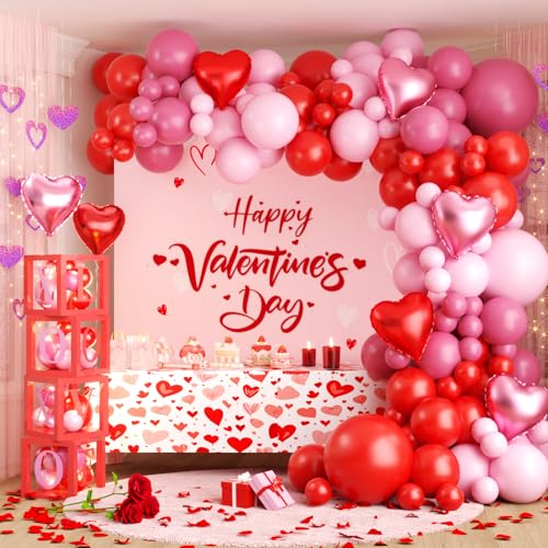 Valentines Day Balloons Garland Arch Kit, Red Pink White Heart Balloons with XOXO LOVE Boxes for Valentines Day Party Decorations Wedding Engagement Anniversary