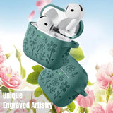 For Airpods 4 Case Cover(2024), Cute Flower Engraved Case Compatible With Apple Airpods 4,Soft Silicone Full Protective Case For Airpods 4 With Keychain & Cleaner Kit For Women,Men?Pinegreen?
