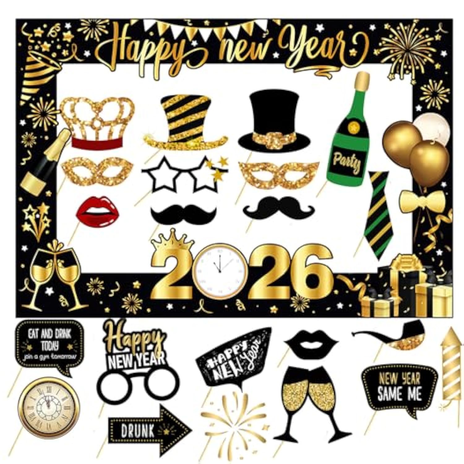 New Year 2026 Photo Booth Props Frame NYE Party Supplies