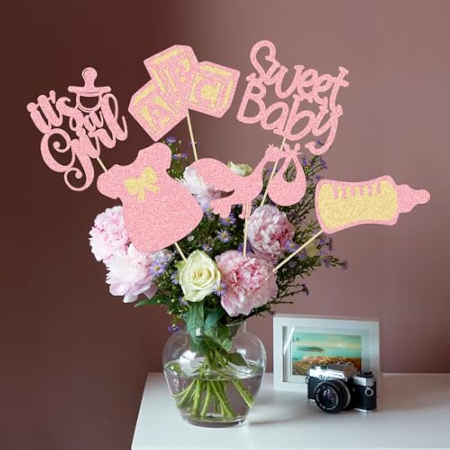 12Pcs Baby Shower Centerpiece Sticks Glitter Tie Onesie Oh Baby Gender Reveal It'S A Girl Table Centerpiece Sticks For Baby Shower Gender Reveal Kids Birthday Party Supplies Pink