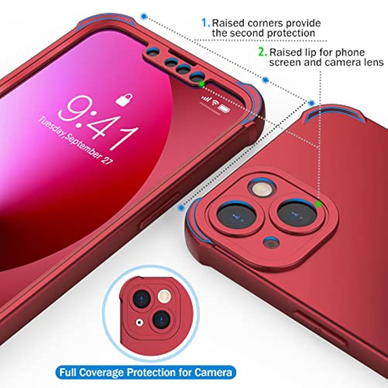 For Iphone 13 Case, With [2 Screen Protectors] [15 Ft Grade Drop Test] [Camera Protection] 360° Full Body Shockproof Slim Thin Phone Case Iphone 13 Cover 6.1"- Red