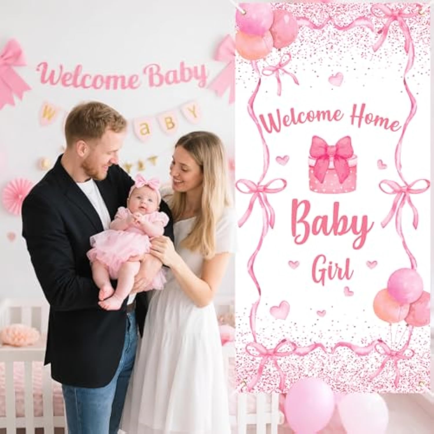Welcome Home Baby Girl Banner Decorations Pink Bow Baby Shower Decorations Coquette Bow Theme Welcome Baby Door Cover Banner Backdrop For Girls Gender Reveal Baby Shower Party Supplies