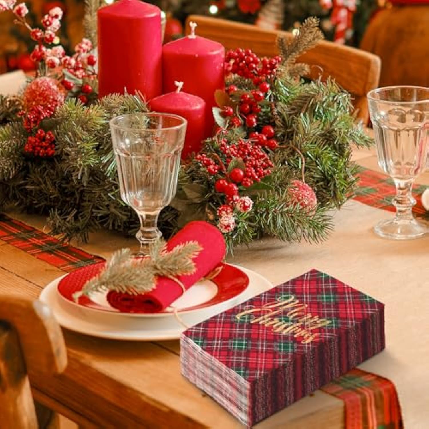 100Pcs Christmas Guest Napkin Red Green Plaid Disposable Paper Napkin Foil Gold Merry Christmas Dinner Hand Towel Napkin For Xmas Holiday Party Supplies