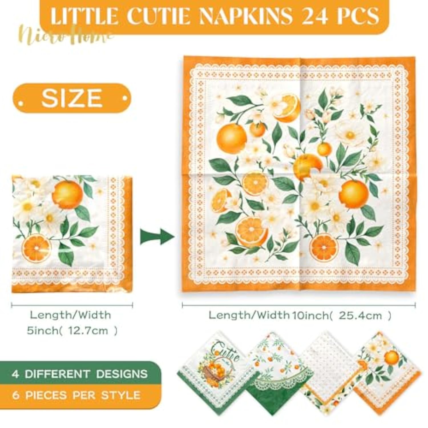 Little Cutie Baby Shower Party Supplies, 24 Pcs Little Cutie Napkins Green Orange Fruit Theme Paper Napkins For Citrus Birthday Party Baby Shower Spring Summer Dinner Decoration