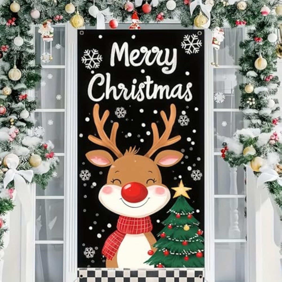 Christmas Door Cover Reindeer And Christmas Tree Design 71 X 35 Inch Merry Christmas Reindeer Hanging Banner Backdrop Photography Background Banner For Front Door Holiday Decor