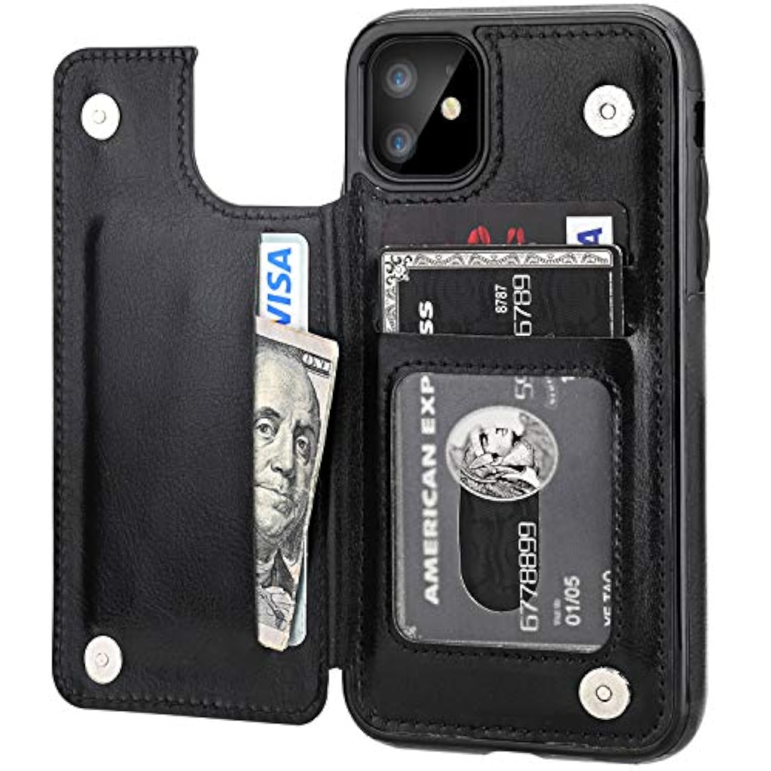 iPhone 11 Wallet Case with Credit Card Holder, Black - Faux Leather Design