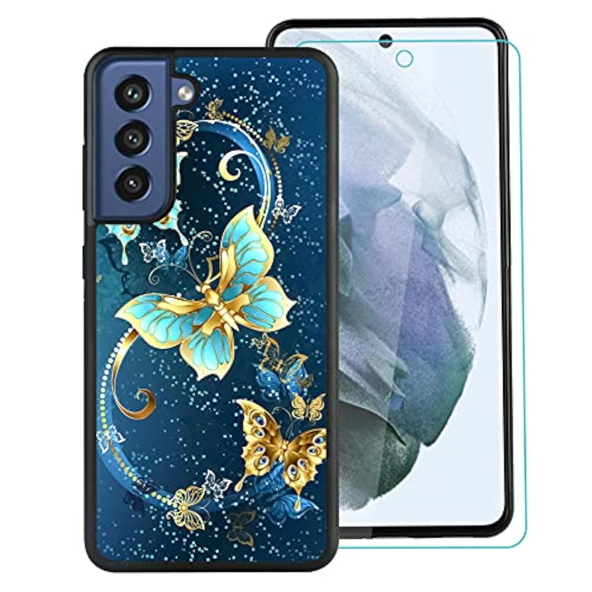 OOK Compatible with Samsung Galaxy S21 FE Case,[Built in Screen Protector] Anti Slip Shockproof Protective Case for Samsung Galaxy S21FE Blue Butterfly