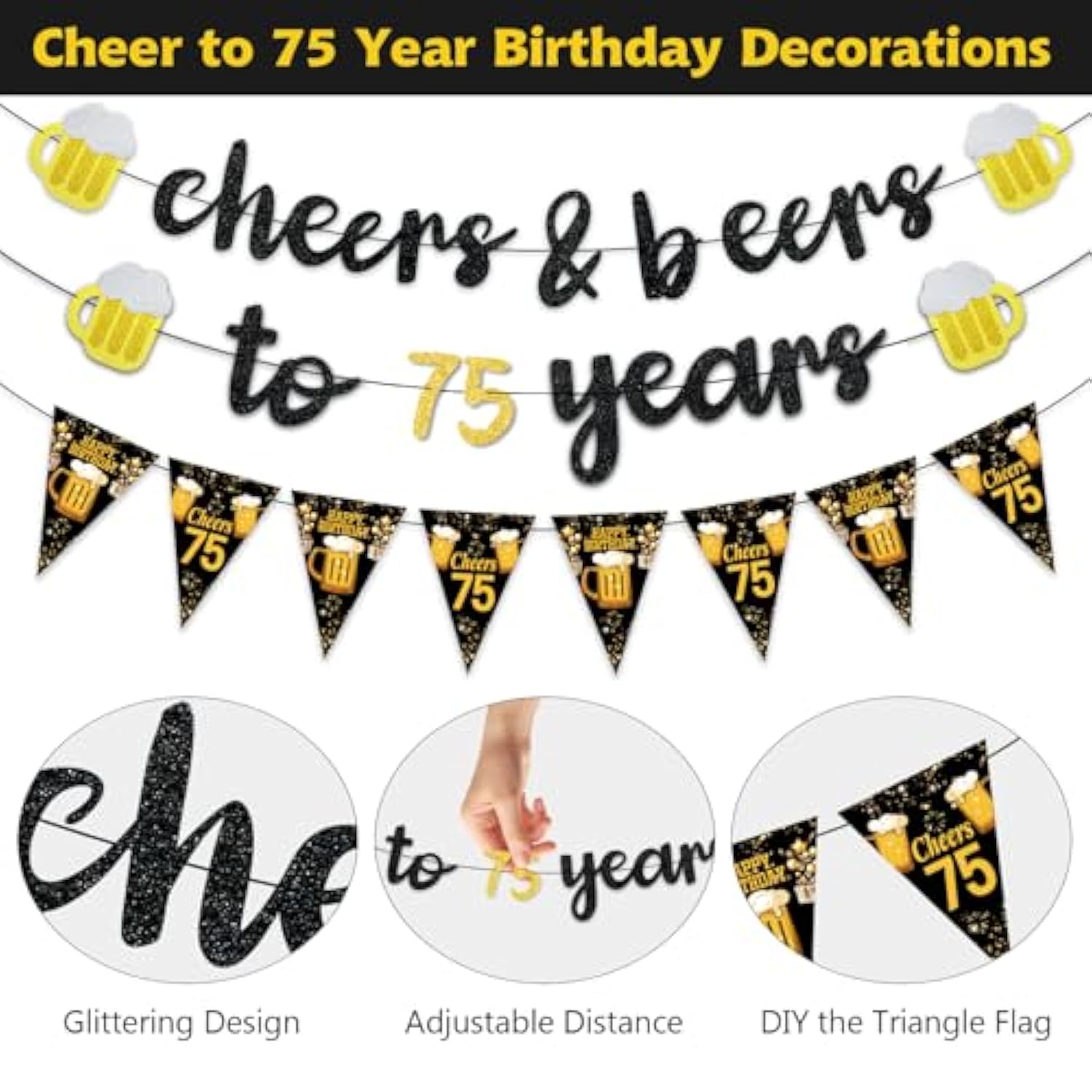 Black and Gold 75th Birthday Decorations with Banner and Hanging Swirls for Men