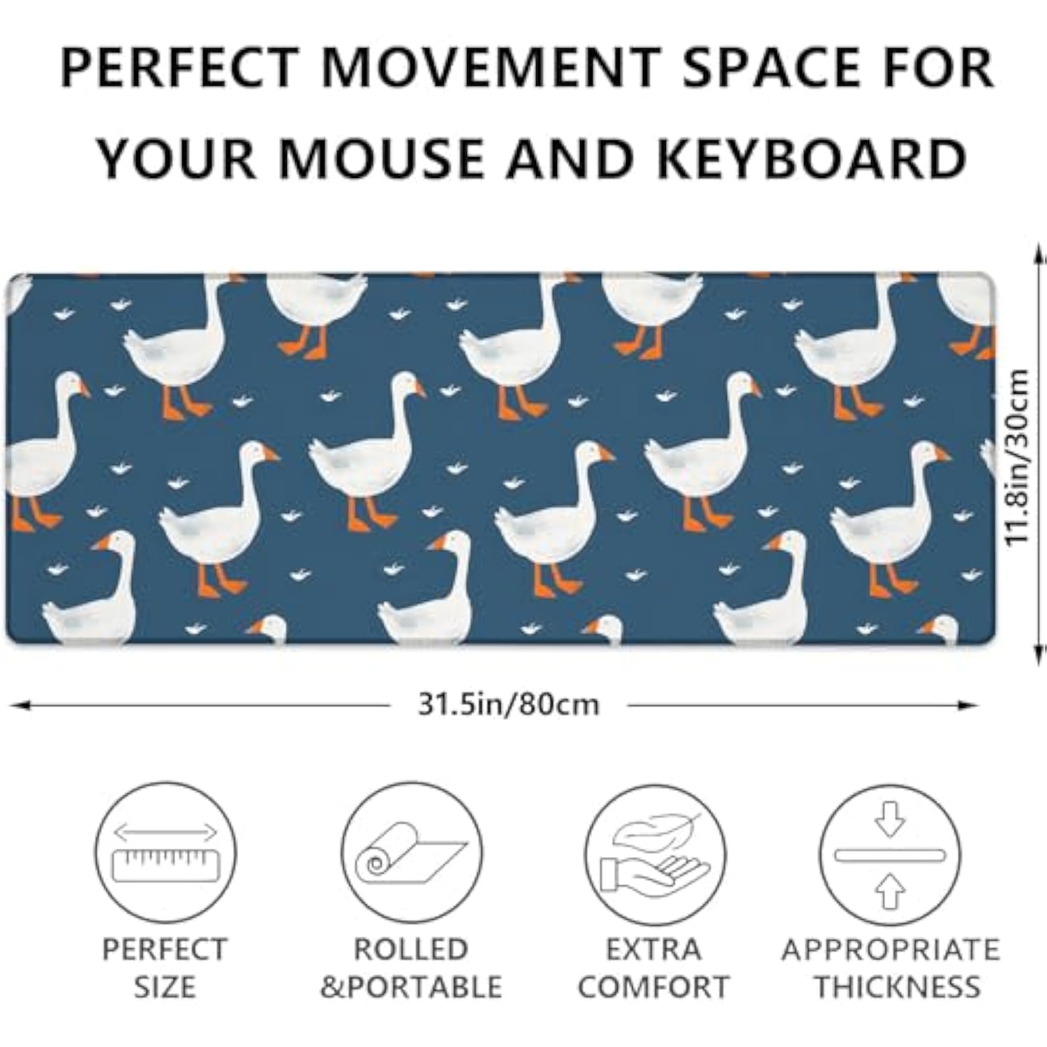 Adorable Goose Gaming Mouse Pad, Cute Geese With Tiny Hearts Large Desk Mat For Computer, Extended Keyboard Laptop Mouse Pads 31.5×11.8In, Non Slip Rubber Mousepad For Office Decor Gifts
