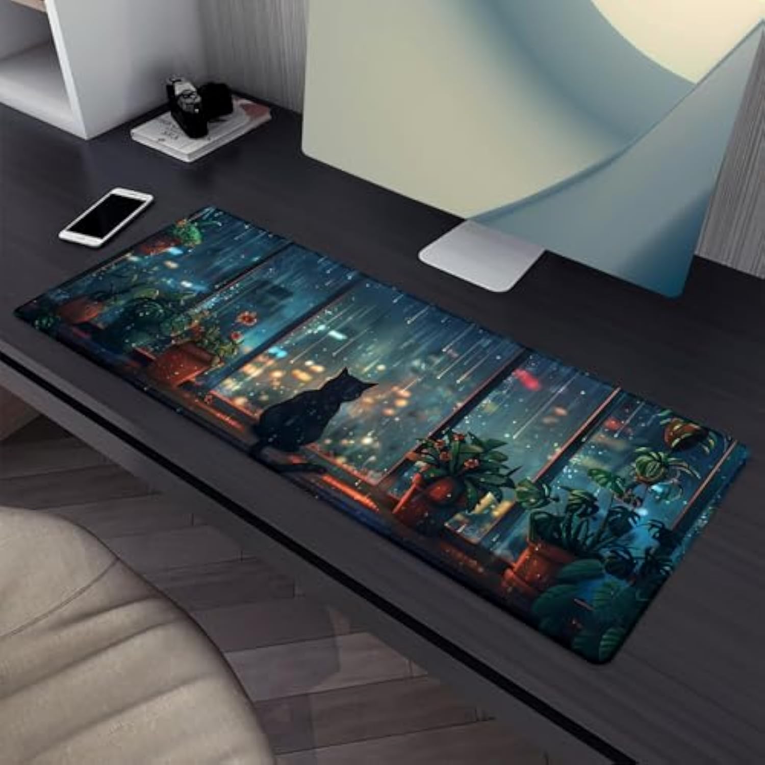 Black Cat Mouse Pad?Green Plants Gaming Keyboard Mat?Laptop Computer Protector With Non-Slip Rubber Base?Large Extended Mousepads Gifts For Desk Office Home?Deskmat Decor 31.5" X 11.8"