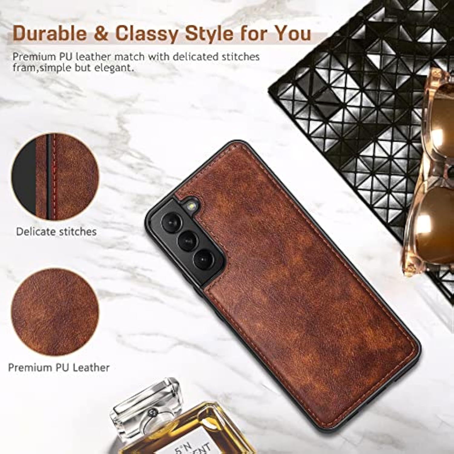 For Galaxy S22 Case 5G, Premium Leather Luxury Pu Non-Slip Grip Rugged Bumper Shockproof Full Body Protective Cover Men Women Phone Cases For Samsung Galaxy S22 (2022) 6.1 Inch - Brown