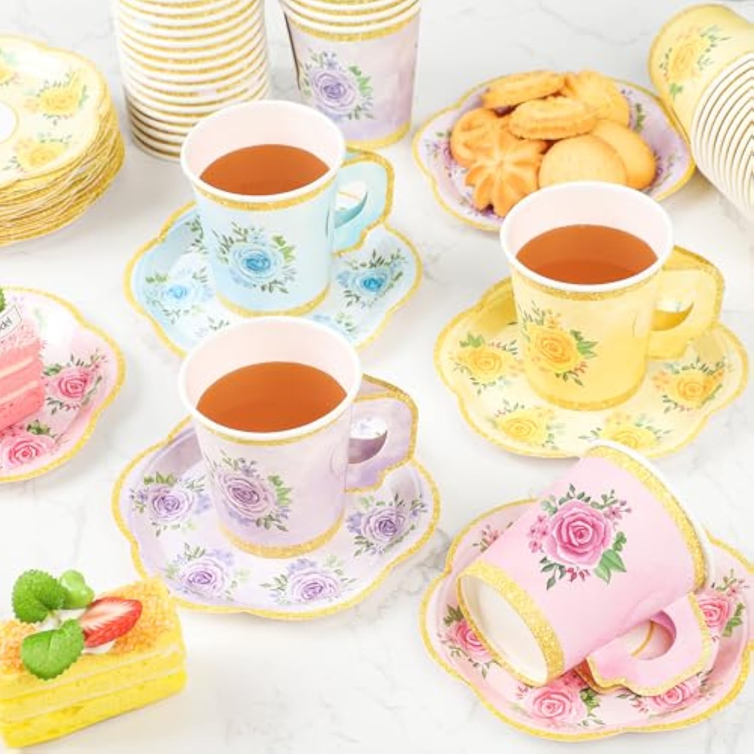 48 Sets Floral Paper Tea Cups And Saucers Disposable Tea Party Supplies Colorful Flower Teacups With Handle And Plates For Hot Cold Drink Wedding Birthday Party Baby Shower