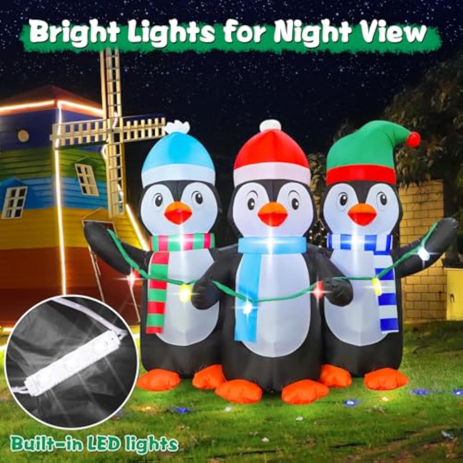 6 Ft Christmas Inflatable Penguin Decoration, Blow Up 3 Cute Penguins, Blowsup Decor, Built-In Bright Led Lights, Festiv