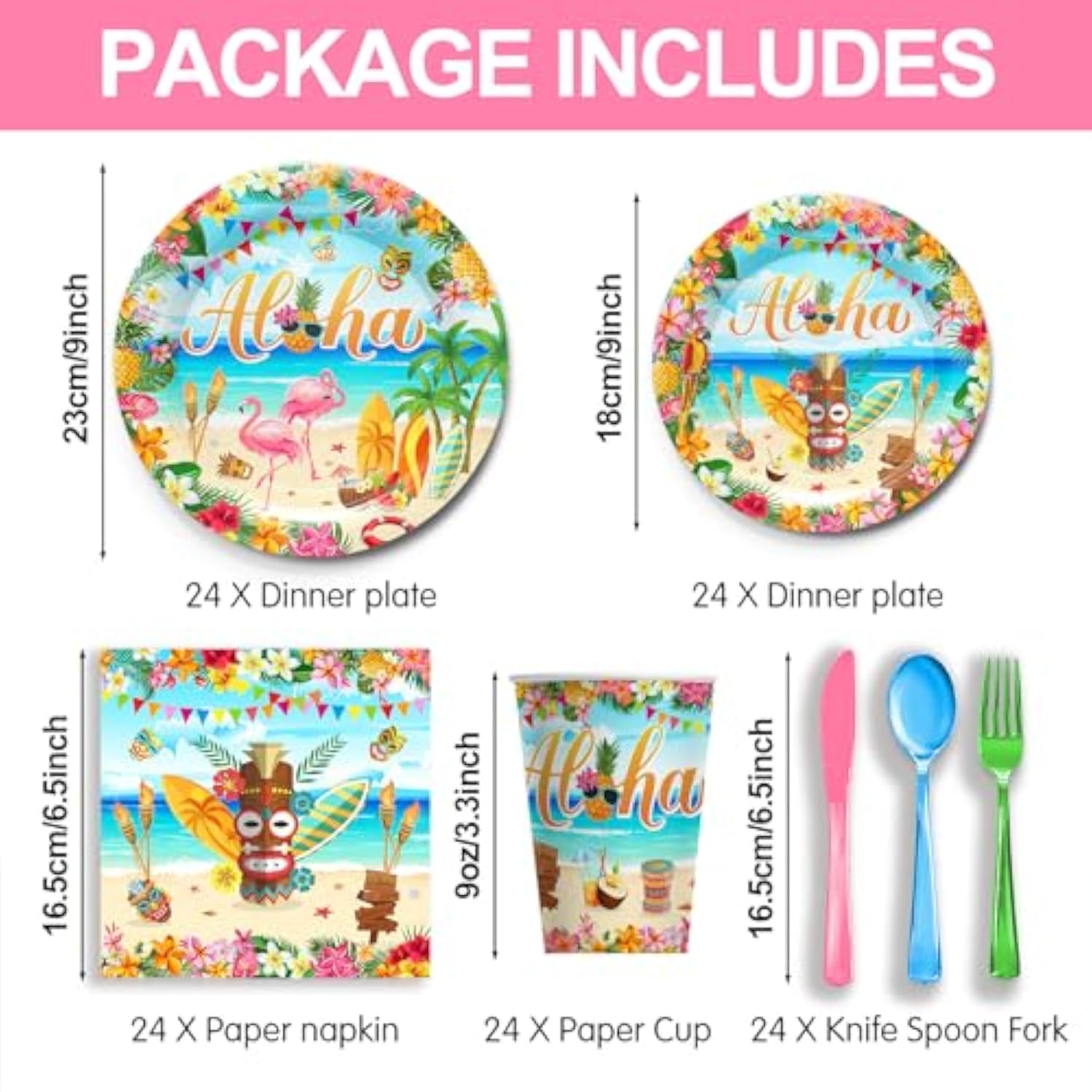 Hawaiian Flamingo Party Supplies Tableware Set - Tropical Luau Decorations Include Plates, Napkins, Cups, Cutlery, For Aloha Summer Beach Theme Party Supplies | Serves 24