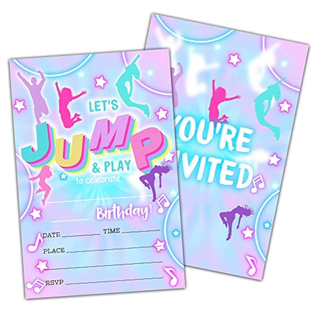 Bounce House Jumping Birthday Party Invitation Cards, Trampoline Park, Neon Double-Sided Invites For Kids, Teens Boys & Girls- Party Celebration Supplies, 20 Fill-In Invitations With Envelopes -B03