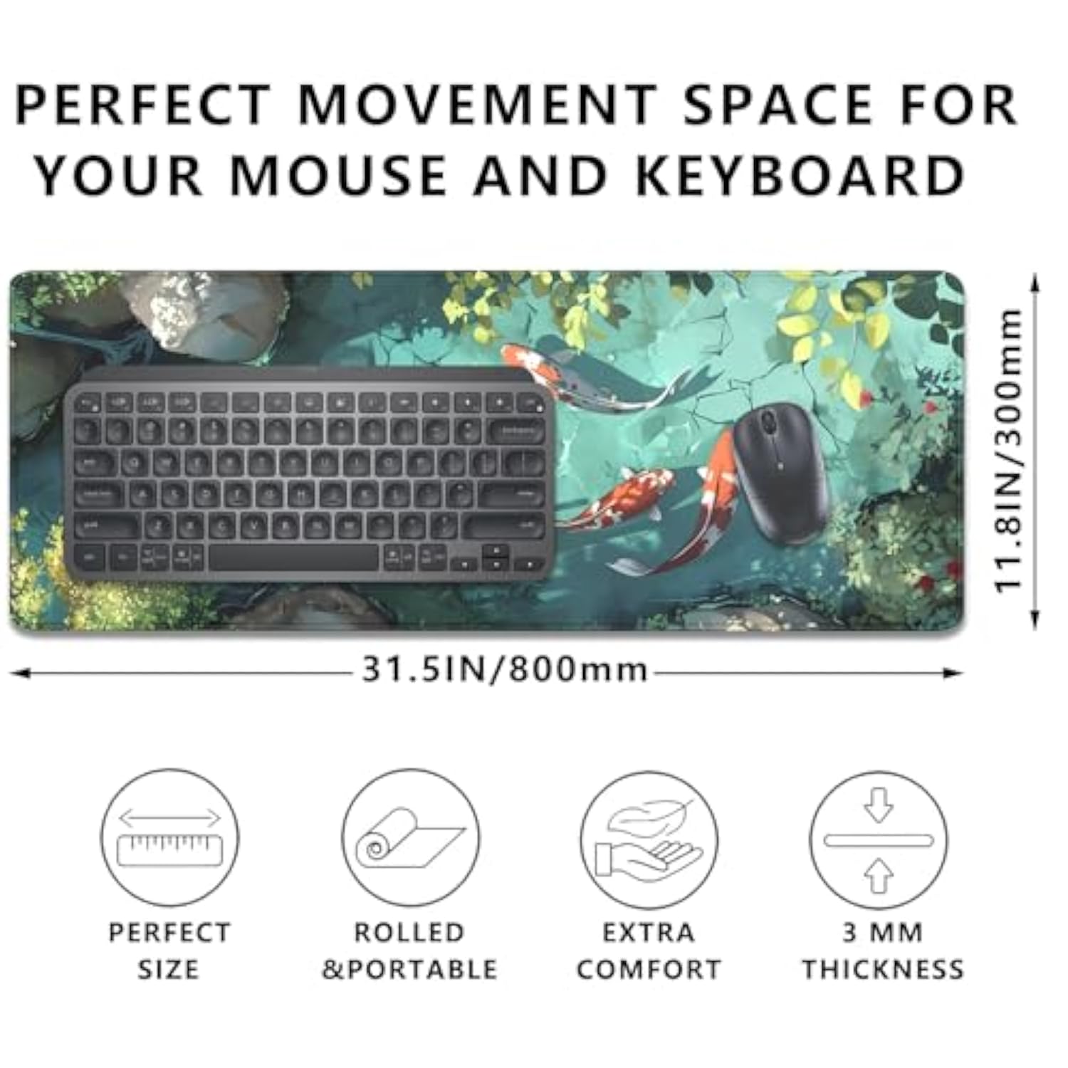 Japanese Koi Carp Fish Desk Pad Mouse Pad,Large Gaming Mouse Mat With Stitched Edges,Non-Slip Rubber Base Mouse Mat For Office,Computer,Keyboard,Laptop And Home Desk Mat(31.5X11.8 In)