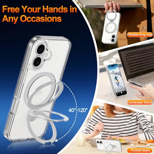 Magnetic Case for iPhone 17 Clear with Ring Holder Foldable Stand Metal Kickstand [Compatible with Magsafe], Slim Transparent Protective Phone Cover