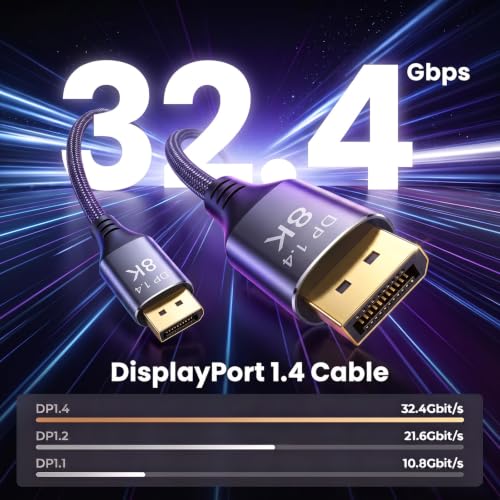 8K DisplayPort Cable 1.4 15ft / 5m, Ultra HD 4K 144Hz, 8K 60Hz, HBR3(7680x4320 Resolution) DP to DP, High Speed 32.4Gbps, Nylon Braided Long