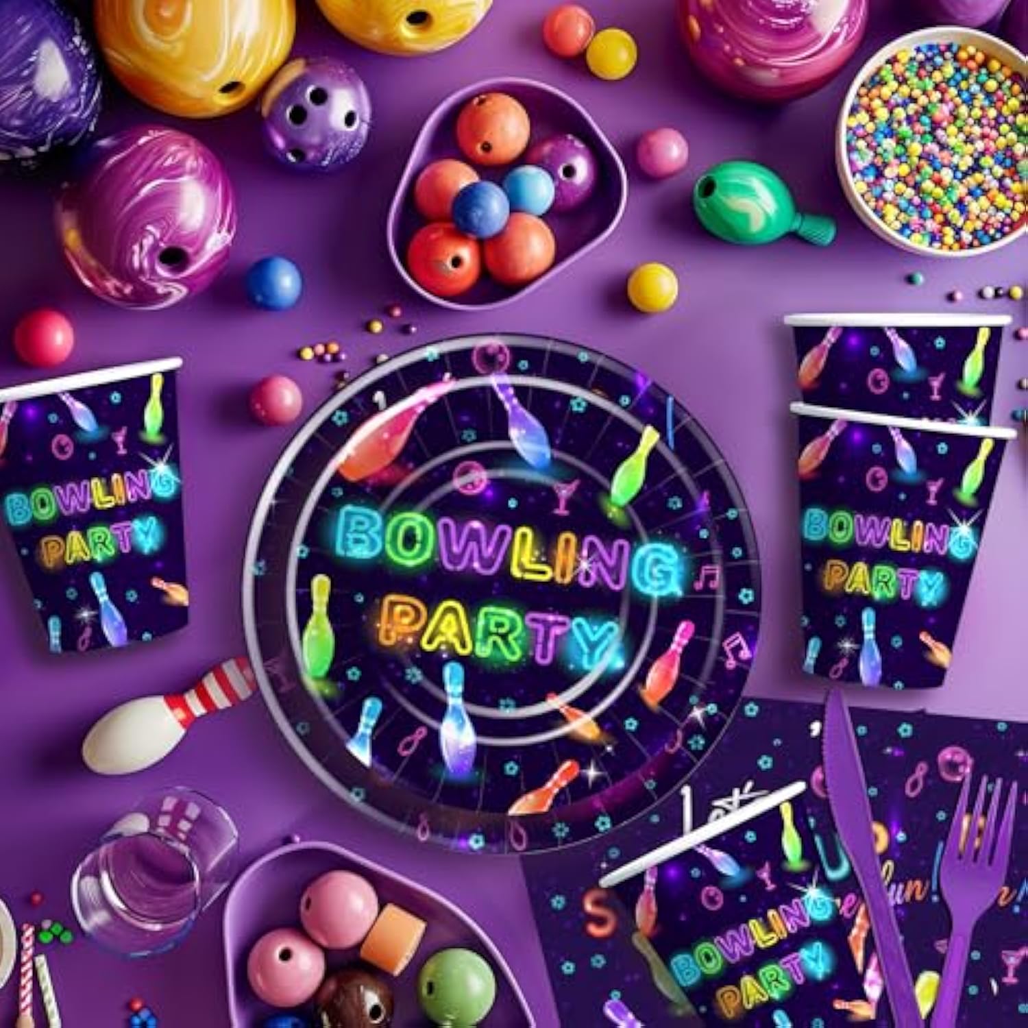 Bowling Party Decorations Dinnerware, Strike Up Some Fun Bowling Ball Birthday Party Supplies Tableware, Paper Plate, Napkin, Tablecloth, Disposable Fork, Serves 24