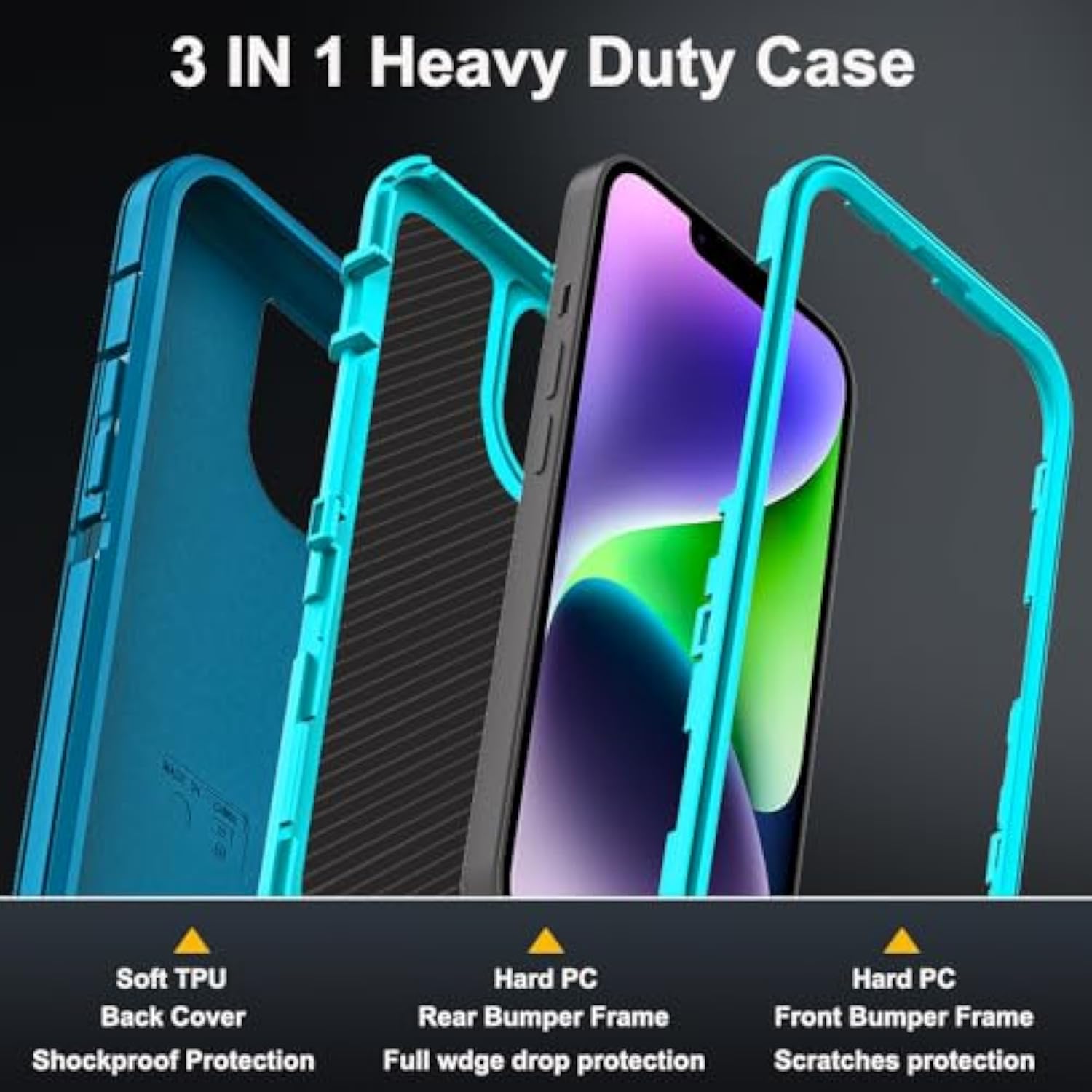For Iphone 14 Plus Case With 2Pcs Tempered Glass Screen Protector And 1Pcs Camera Lens Protector, Military Grade 3 In 1 Heavy Duty Shockproof/Drop Proof/Dust Proof Case (Blue/Turquoise)