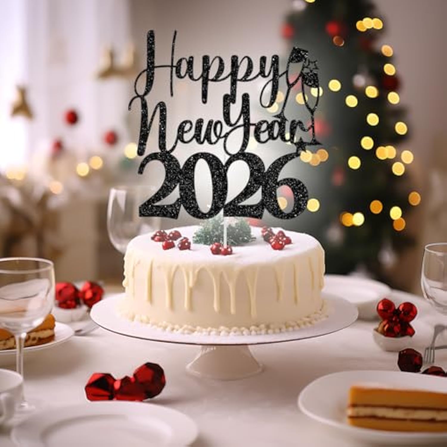 Happy New Year 2026 Cake Topper Black Glitter for Holiday & NYE Party
