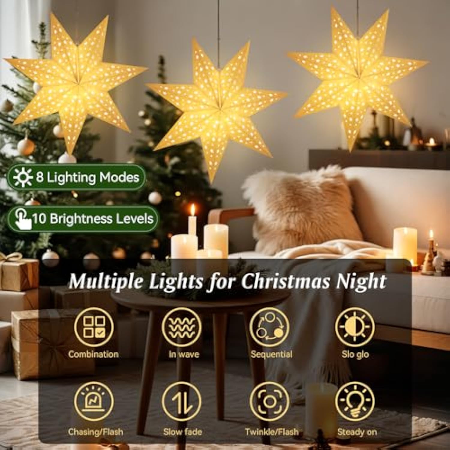 Christmas Paper Star Lantern 3 Pack, Hanging 7-Pointed Star Lights With Hollowed Stars, Led Paper Lanterns With 6H Timer