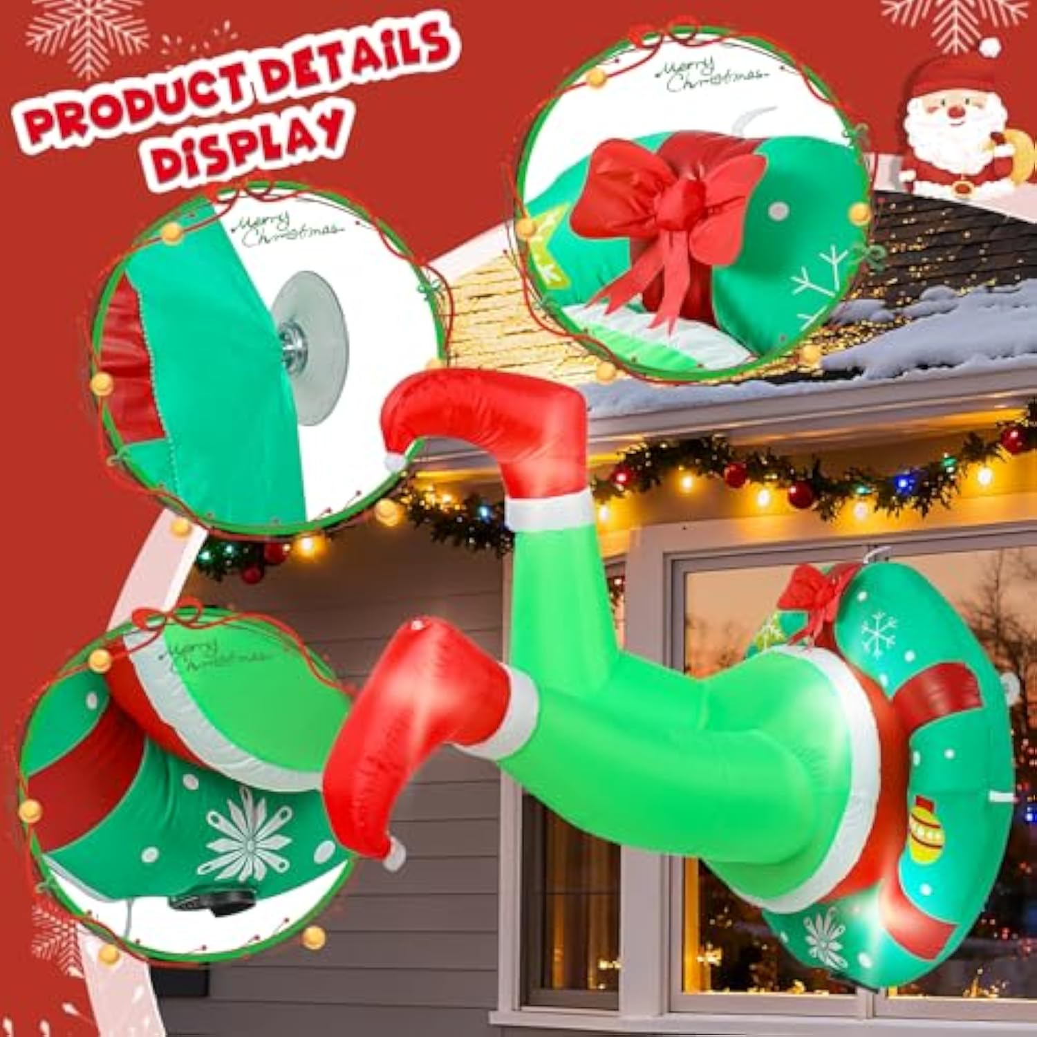 4Ft Christmas Inflatable Outdoor Window Decorations, Christmas Green Big Monster Broke In From Window Stuck In Wreath, B