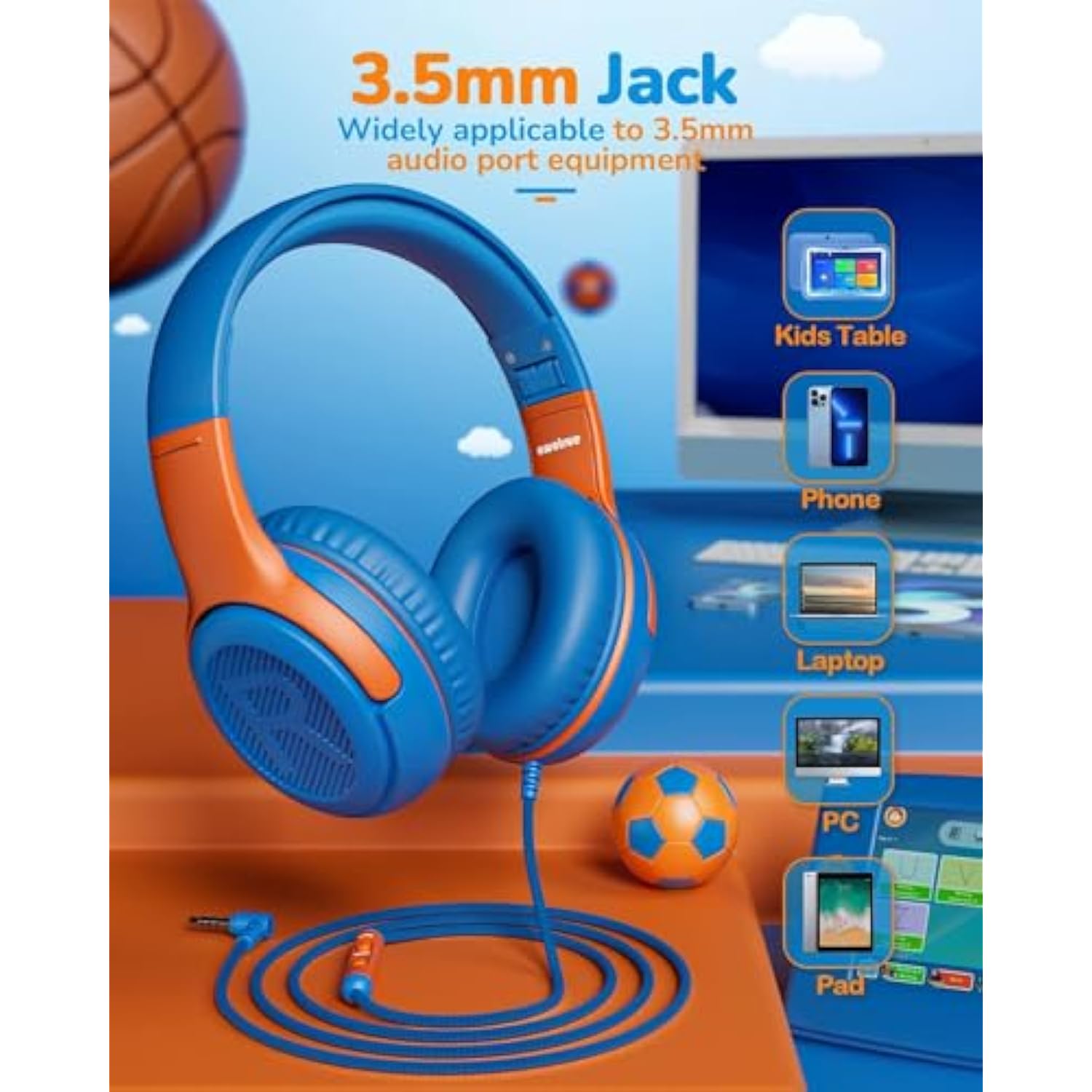Kids Wired Headphones with Mic, Volume-Limiting, Foldable & Safe for Learning