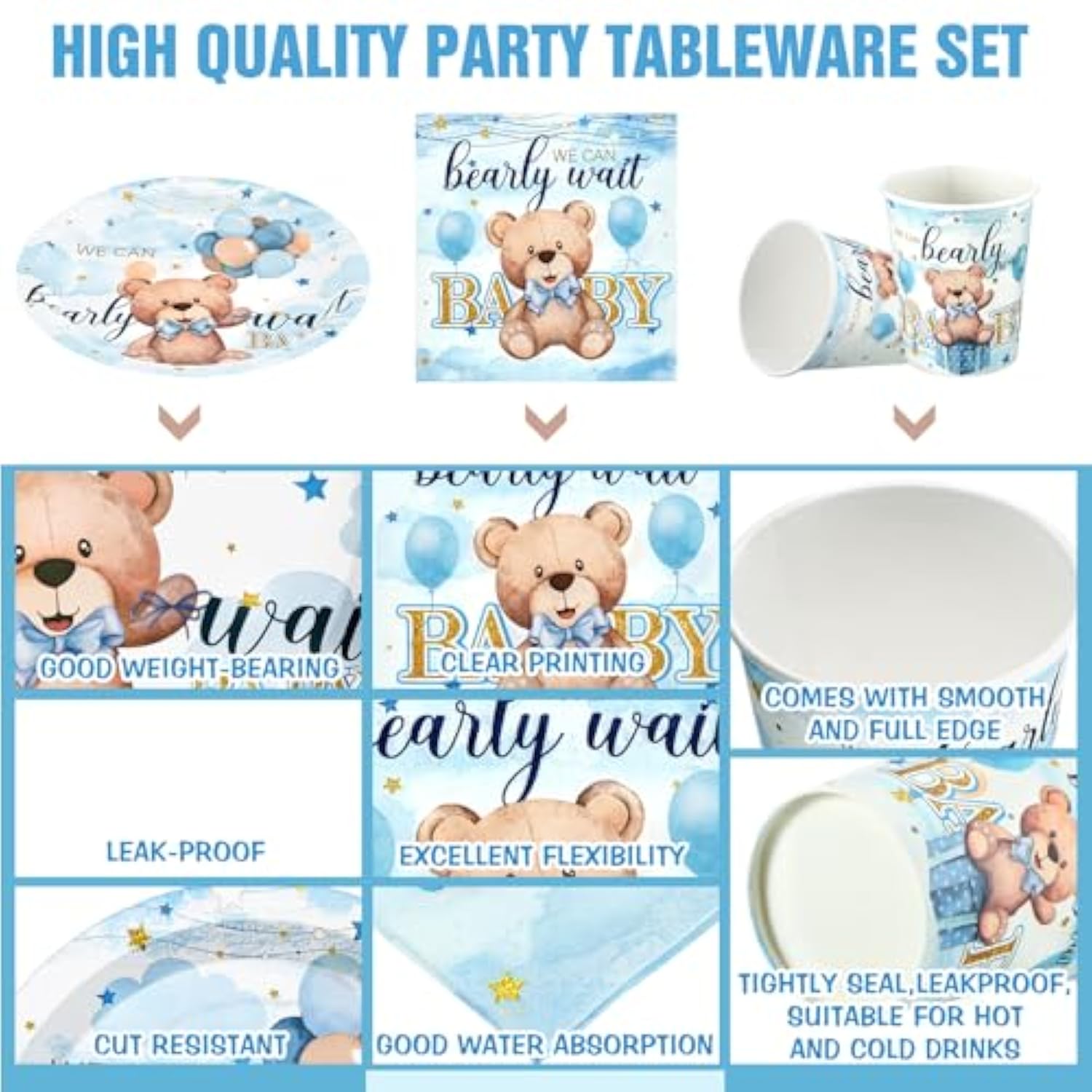 200PCS Blue Bear Baby Shower Party Supplies Set, Plates, Napkins & Cups for 50 Guests