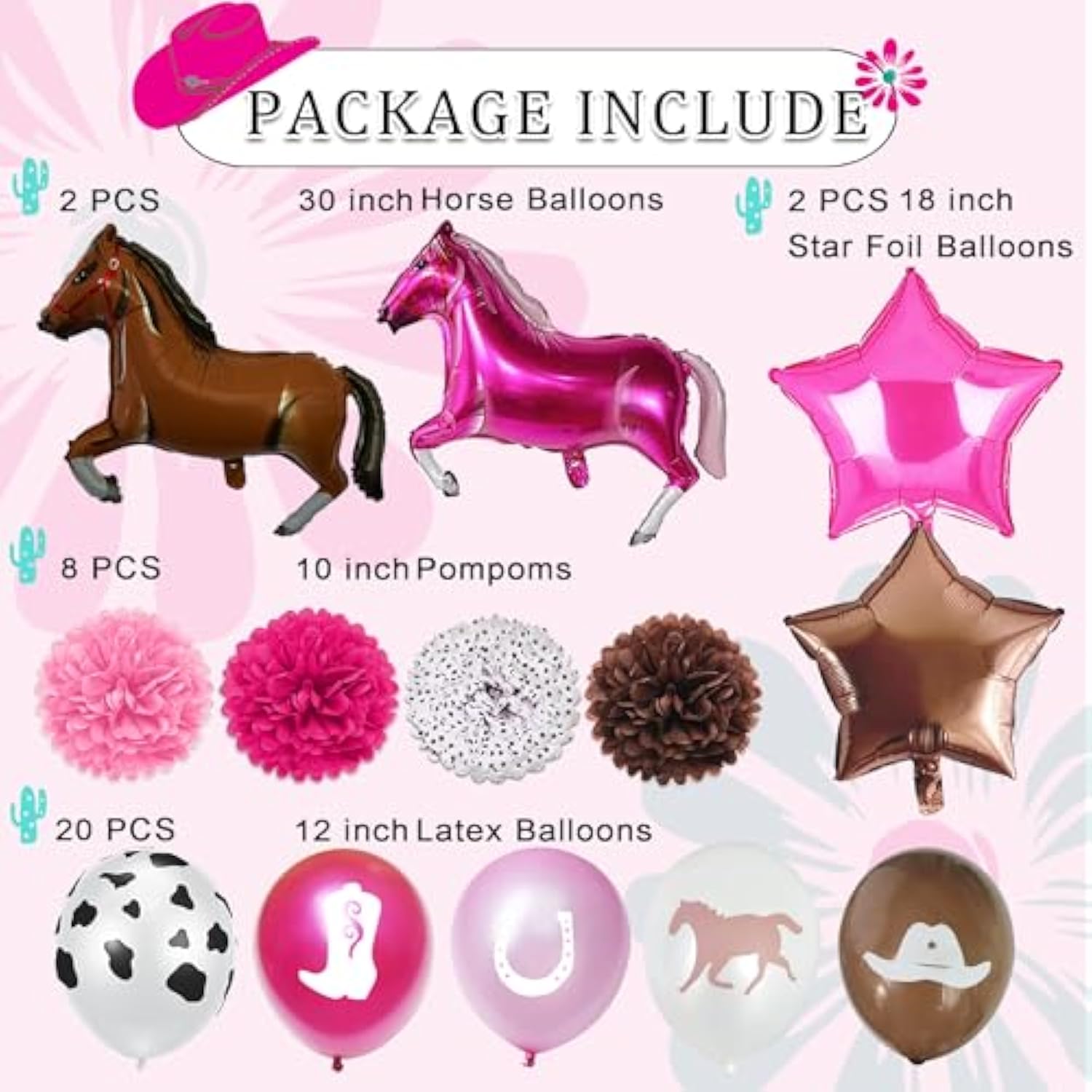 Pink Cowgirl Birthday Party Decor – Western Rodeo Theme with Banner, Balloons, Garland & Toppers