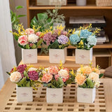 6Pcs Artificial Flowers With Ceramic Pot Small Fake Hydrangea Flowers Arrangements Faux Spring Flowers In Vase Home Spring Decor, Centerpiece Table Decorations For Farmhouse Office Shelf Dining Table