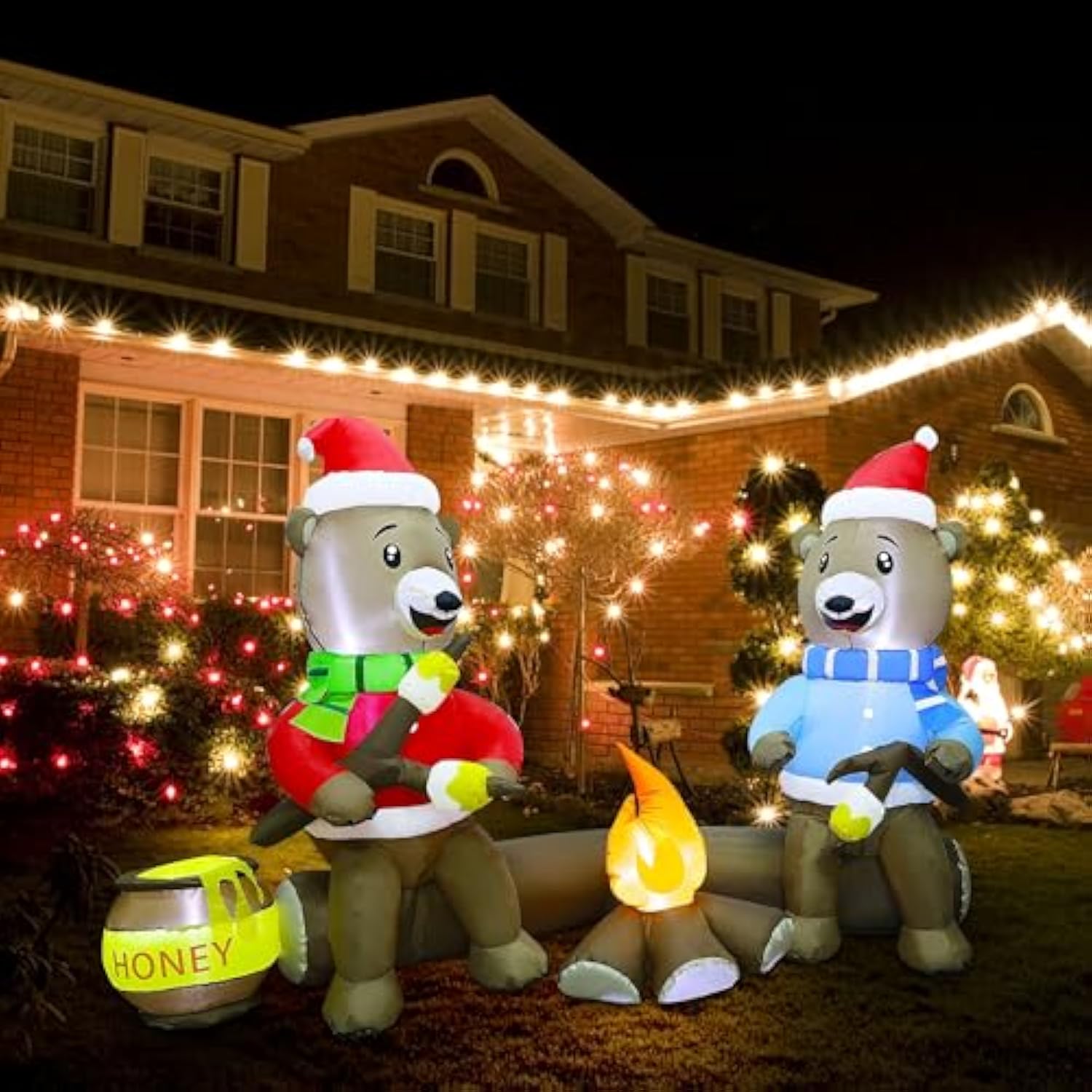 7Ft Christmas Inflatable Decorations, Light Up Sitting Bears Roasting Marshmallows Over Campfire, Xmas Lighted Blowups F