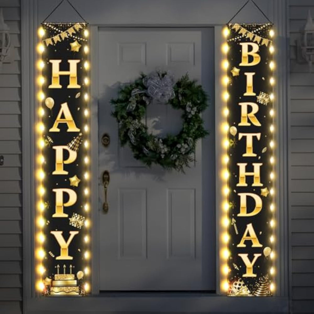 Happy Birthday Banner With Lights 71 X 12 Inch Led Happy Birthday Decoration Door Banner Party Porch Sign Outdoor Indoor Hanging Supplies For Women Men(Black Gold)