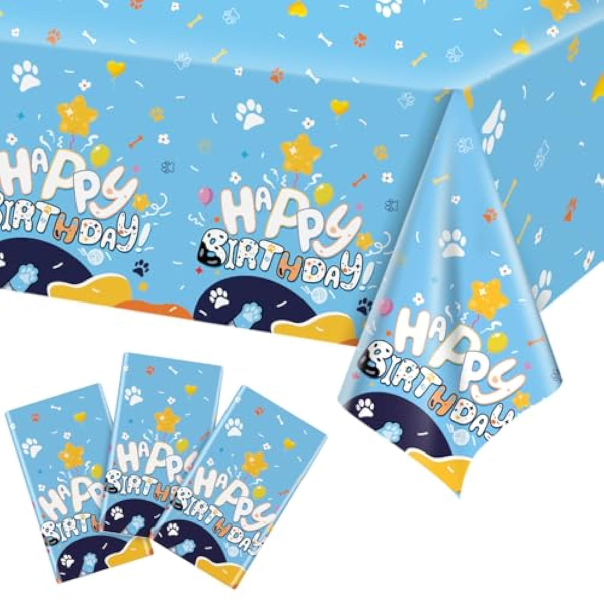 3 Pack Blue Dog Party Tablecloth Dog Them Birthday Decor 108'' × 54'' Blue Yellow Plastic Table Cloth Puppy Paw Prints Bone Disposable Rectangle Table Cover For Baby Shower Party Supplies
