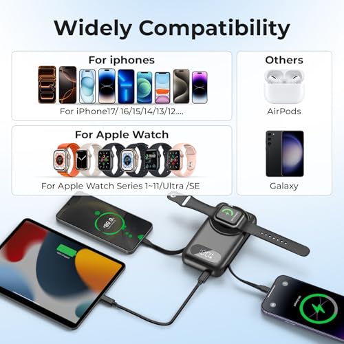 Magnetic Portable Charger 26800mAh for iPhone 17/16/15/14/13/12 with Built-in Cables? iWatch Charger?Wireless Power Bank for  Watch and for