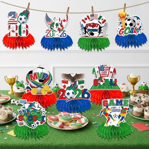 9PCS 2026 World Soccer Decorations Red Green and Blue Theme Honeycomb Centerpieces Double Sided, Soccer Themed Table Decor Supplies for Football Sports Competition Party Decorations