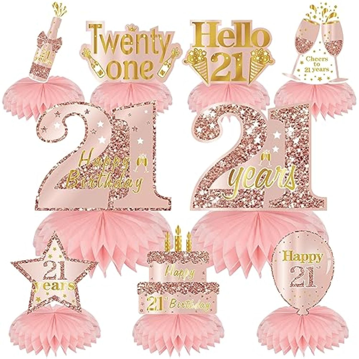 Pink Rose Gold 21st Birthday Table Centerpieces – 9pcs Honeycomb Decorations for Women & Girls,