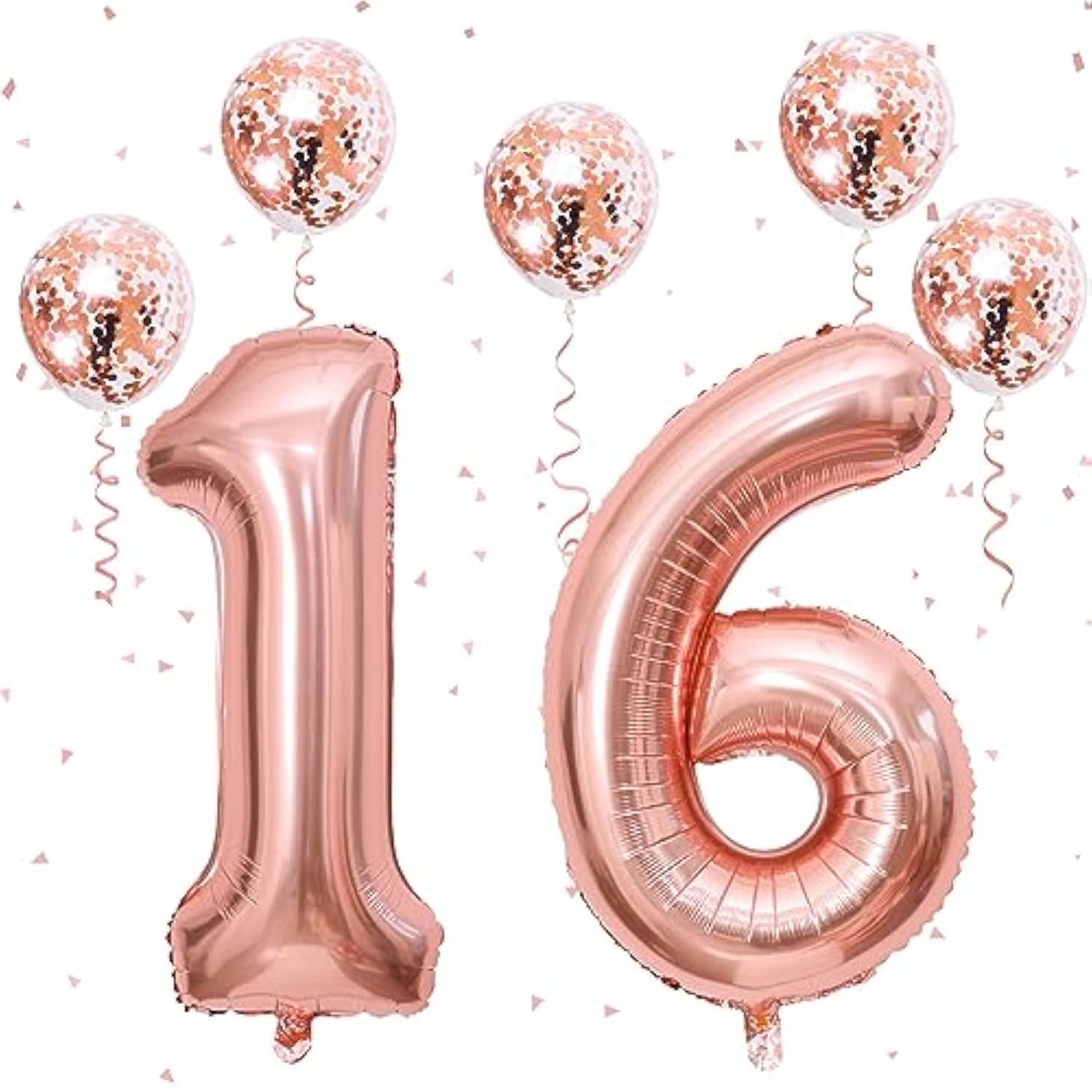 16Th Birthday Number Balloons For Girls, 40 Inch Foil Self Inflating Number 16 Balloons With Rose Gold Confetti Balloons, Large 1 & 6 Balloons For Women 61St Birthday Party Anniversary Decor Supplies