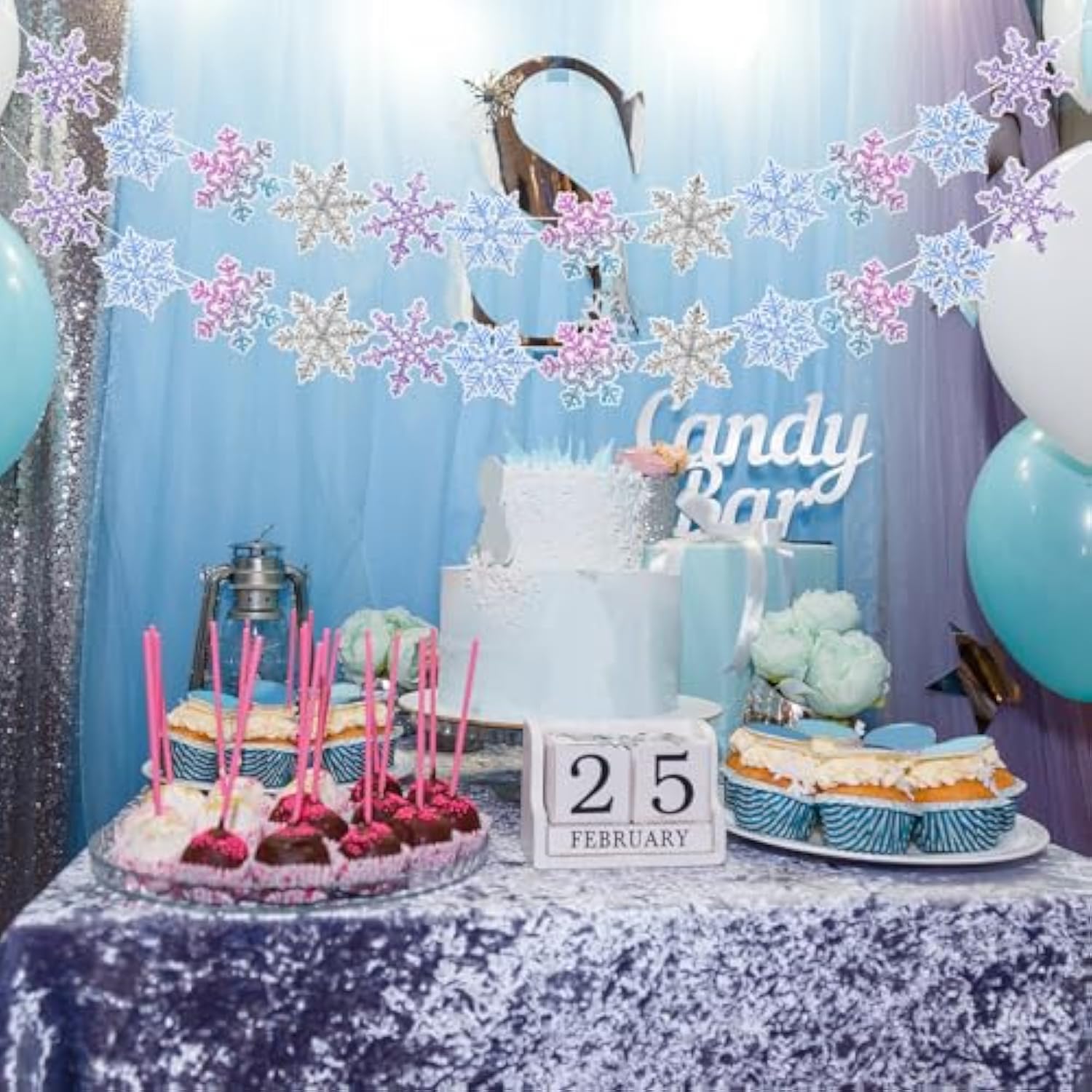 2 Pack Snowflake Garland Banner Blue Purple White Glitter for Party Decorations