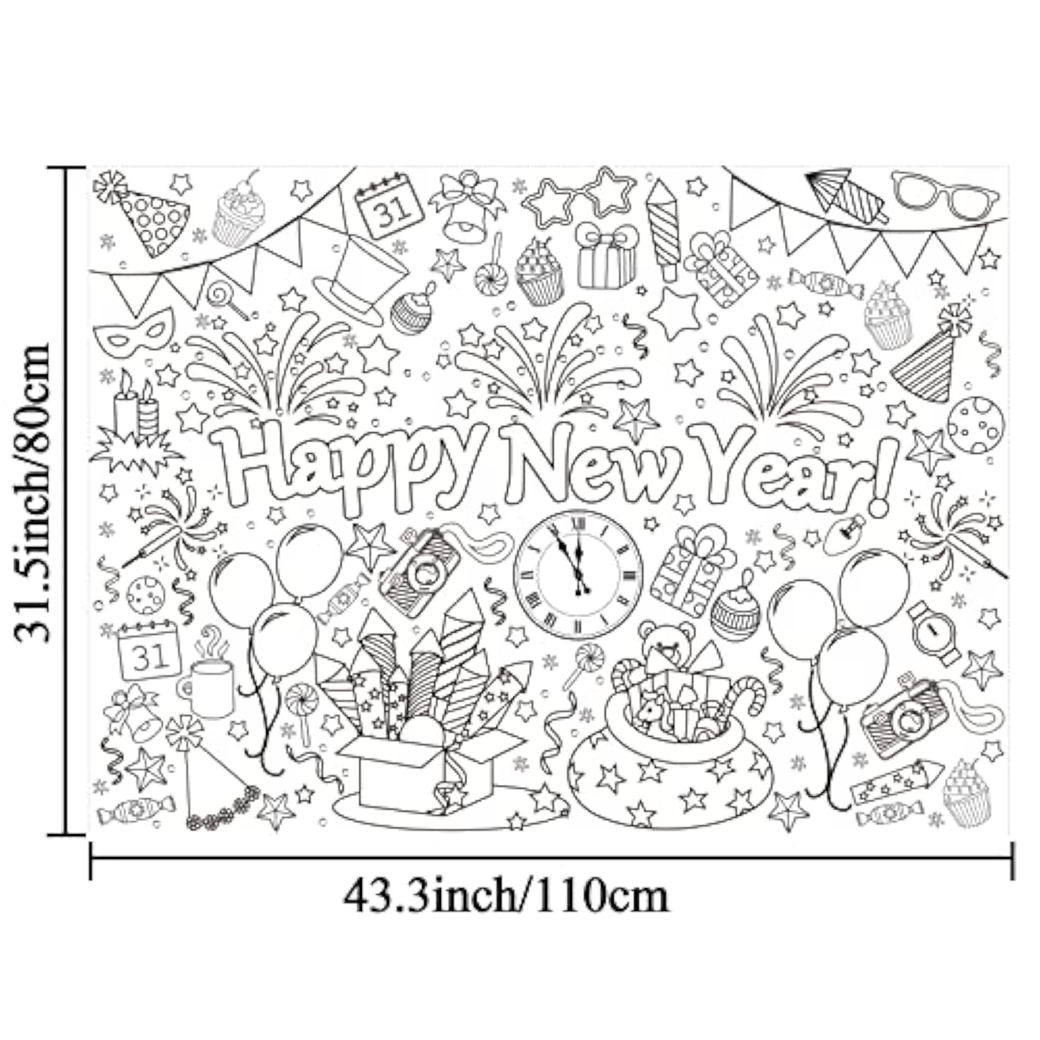 Giant Happy New Year Coloring Poster For Kids 2026 New Years Eve Giant Coloring Tablecloth Large Books Huge Sheet Page Table Cover For Wall Boys Girls Classroom Home Holiday Party Supplies 31X43In