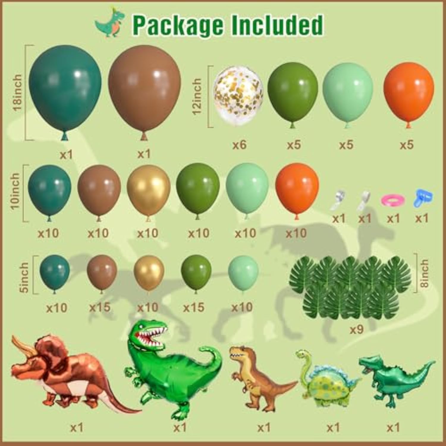 161-Pc Dinosaur Balloon Garland Kit Green, Brown & Orange Dino Party Decor