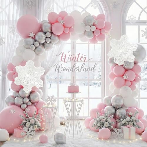 144PCS Pink Winter Balloon Arch Garland Kit with White Silver Snowflake Star Balloons for Winter Wonderland Girl Baby Shower, Baby Its Cold Outside Party, Christmas Decorations