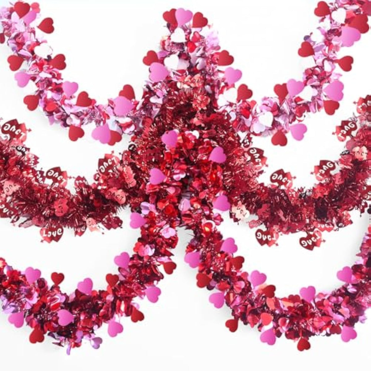 Meag-L Valentines Day Decorations 29.5Ft Heart Tinsel Garland 3Pcs Red Pink White Valentines Day Decor Metallic Hanging Wreath Supplies For Home Mantle Tree Indoor Outdoor Wedding Galentines Day