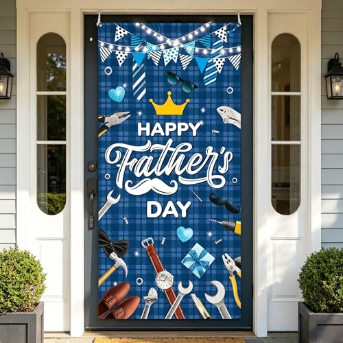 Father's Day Door Cover Banner 70.9" x 35.4", Feliz Día del Padre Front Door Backdrop, Happy Father’s Day Polyester Hanging Decoration for Dad Birthday, Graduation & Retirement Parties