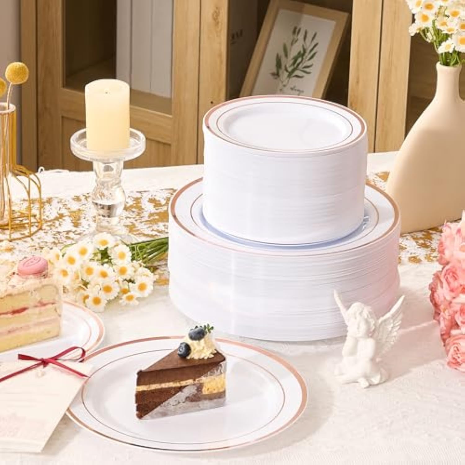 100Pcs Rose Gold Plastic Plates, Disposable Plates With 50Pcs 10" Dinner Plates & 50Pcs 7" Dessert Plates For 50 Guests, Plastic Party Plates For Wedding, Birthday, Rose Gold