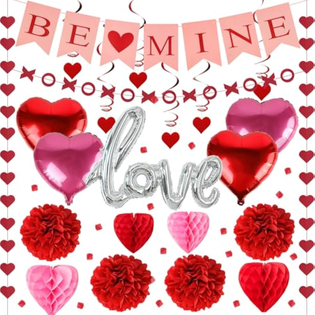 Valentines Day Decorations Set - 25 Pcs Valentine Decorations Kit With Be Mine Love Heart Xo Garlands Banner Hanging Swirls Valentines Decor For Home Office Wedding Anniversary Birthday Party Supplies