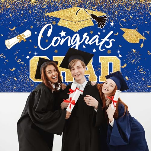 Graduation Party Decorations - Blue Gold Congrats Grad Class of 2026 Backdrop Banner Large Sign Wall Decorations Photography Background Party Supplies for 2026 Graduation Party Decorations