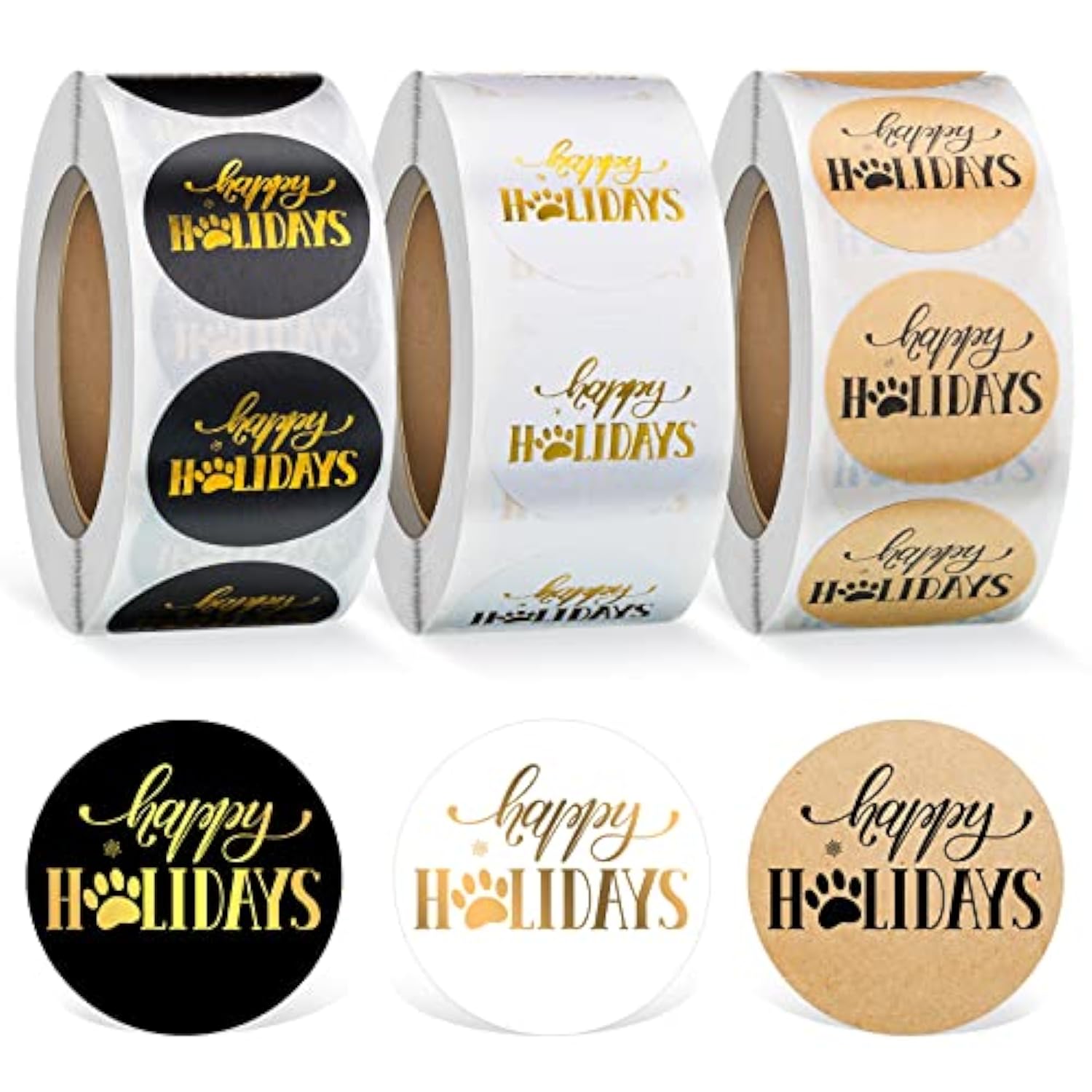1500 Pieces 1 Inch Holiday Stickers Round Snowflake Paw Print Self-Adhesive Christmas Package Stickers For Envelopes Gold Foil Happy Holiday Decal For Christmas Decor And Party Supplies