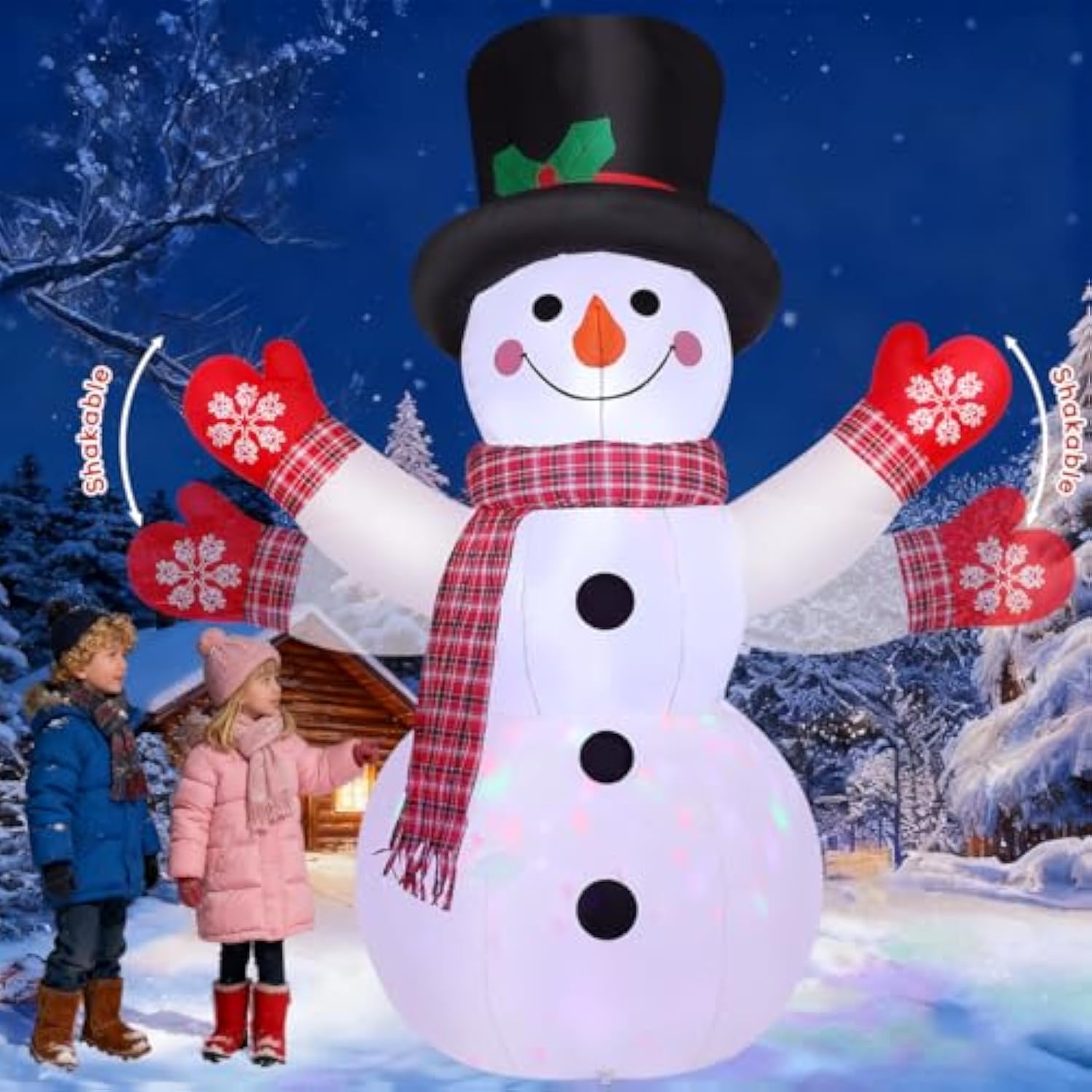 8 Ft Christmas Inflatables Snowman Decorations, Shaking Hand Snow Man Wear Magic Hat Outdoor Blow Up With Built-In Rotat