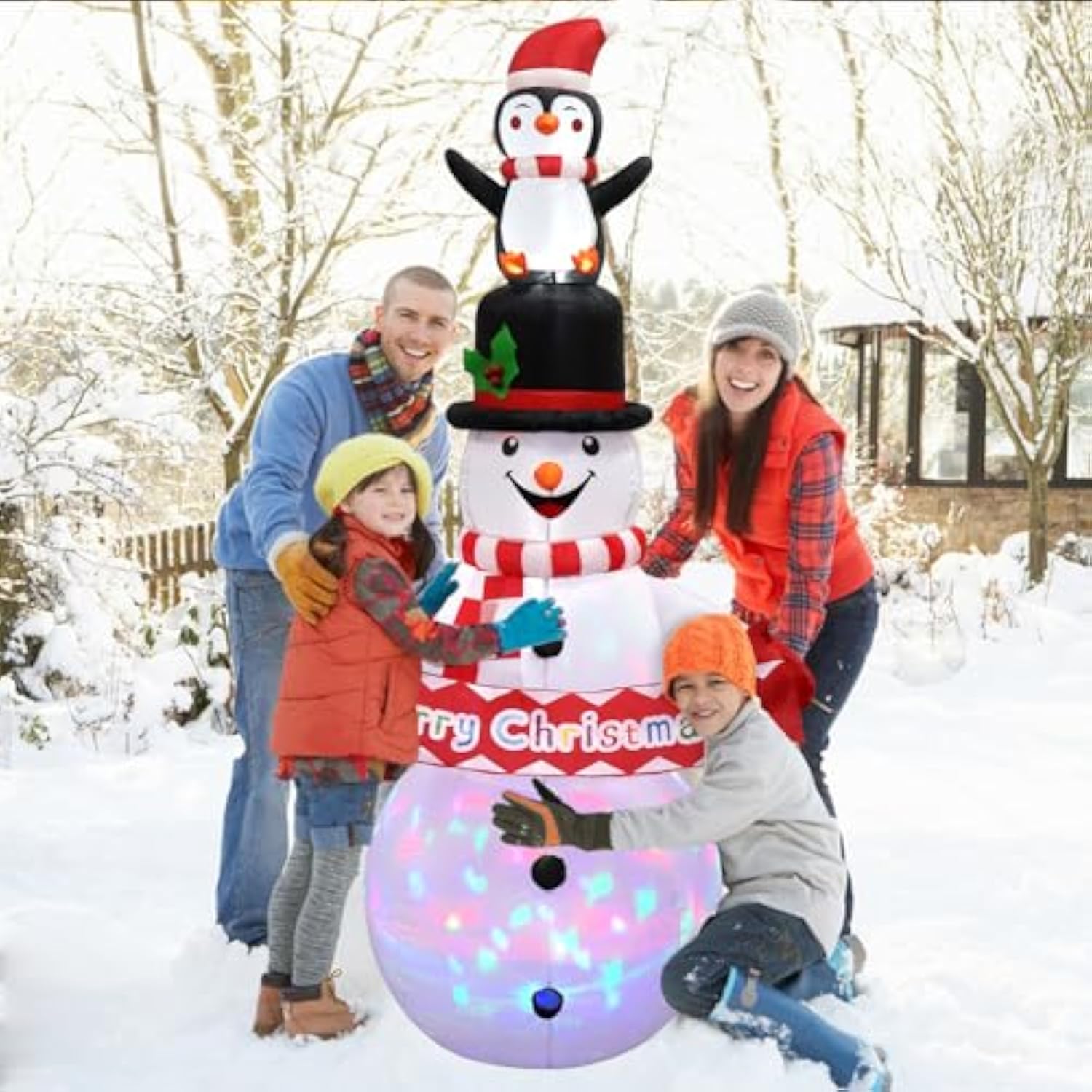 6Ft Christmas Inflatable Snowman Decorations, Blow Up Snowman Penguins With Build-In Rotating Colorful Led Lights Outdoo